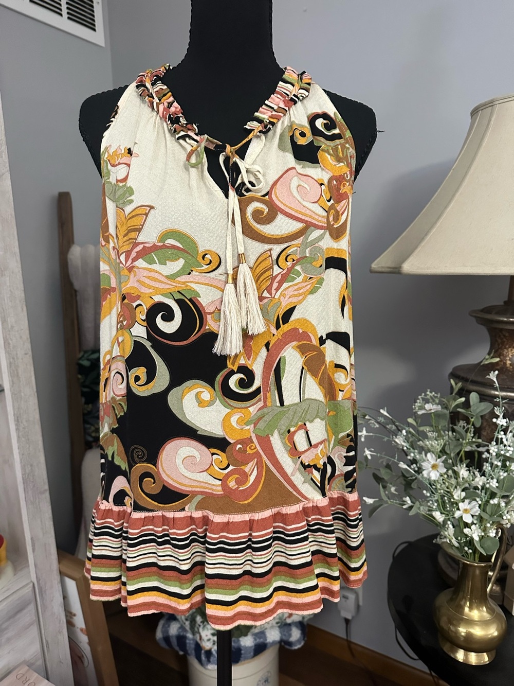 Rose & Olive Tassel Halter Swim Cover-Up in Black, Cream, Pink & Green